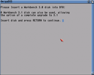 ClassicWB installer requesting a workbench disk to be inserted into the first floppy drive.